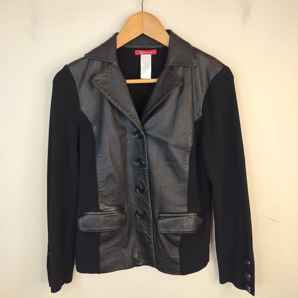 AK Anne Klein Mixed Media Jacket Women Medium Leather Knit Moto Chic Black